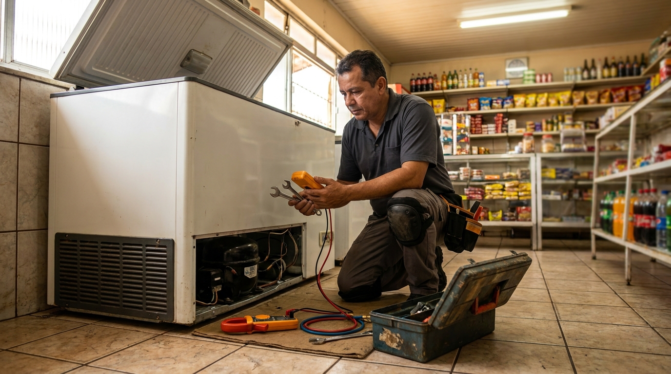 Técnico realizando manutenção de motor de freezer em Zona Leste‑SP