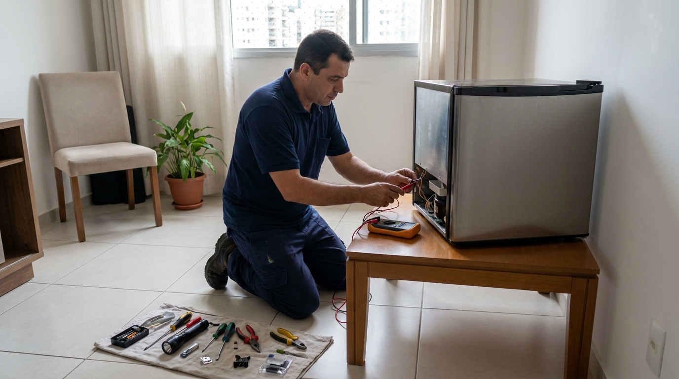 Técnico realizando manutenção de motor de frigobar em Zona Leste‑SP