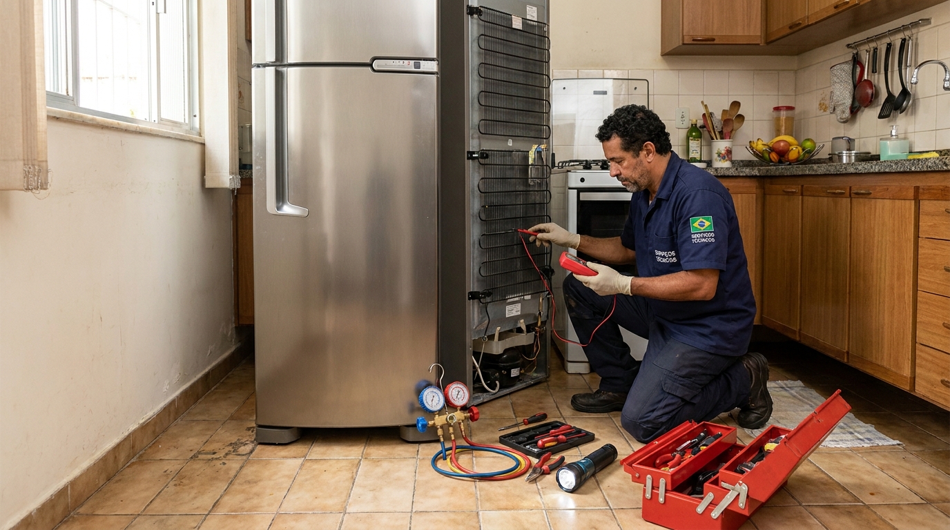 Técnico realizando manutenção de motor de geladeira em Zona Leste‑SP