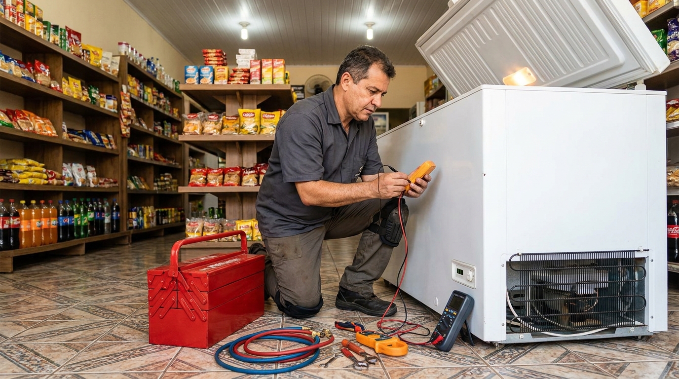 Recarga de gás refrigerante em freezer em atendimento em Zona Leste‑SP